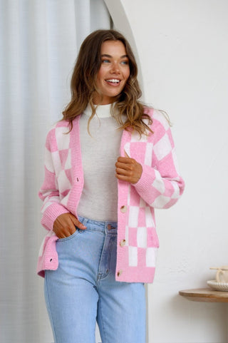Checkerboard Cardigan - Pink/White - b5685 - allaboutagirl