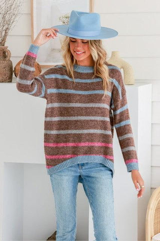 Grace+Co Aspen Striped Knit - Chocolate/Blue/Pink Stripe - b5617 - allaboutagirl
