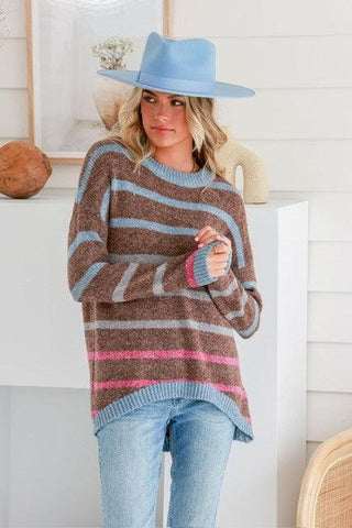 Grace+Co Aspen Striped Knit - Chocolate/Blue/Pink Stripe - b5617 - allaboutagirl