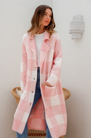 Grace+Co Checked Long Buttoned Coatigans - Blush/White - b5682 - allaboutagirl