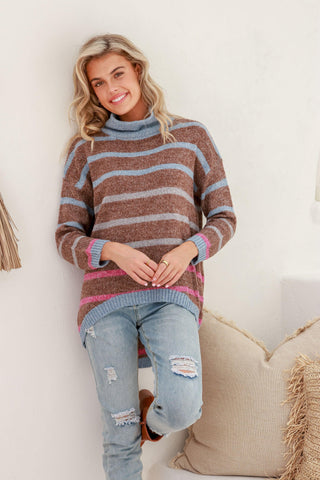 Grace+Co Striped Knit - Choc/Blue/Pink Stripe - b5616 - allaboutagirl
