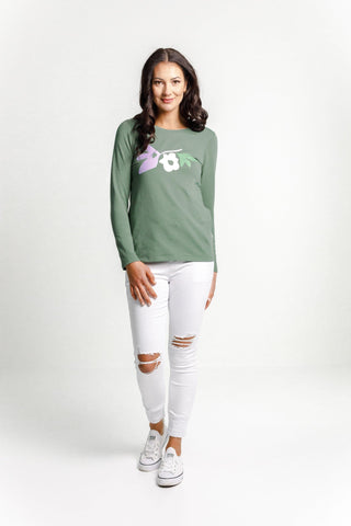 Homelee Long Sleeve Taylor Tee - Moss With Floral Print - HL274 W03 - allaboutagirl
