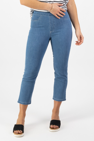 Denim 7/8 Length Pull On Pants - Mid Wash