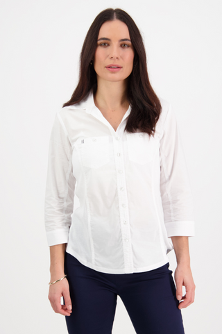 Button Up Shirt With Rib Panels - White