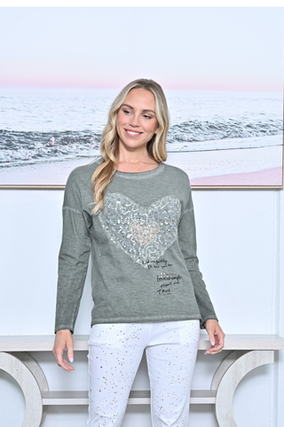 Heart Front Long Sleeve Tee - Khaki