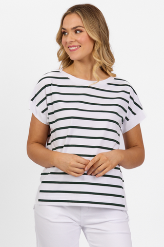 Drop Sleeve Top With Stepped Hem - White/Forest Stripe  SS