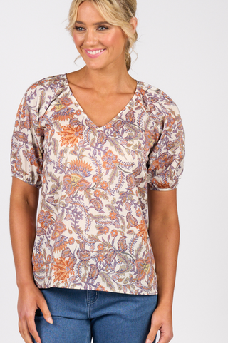 Vee Neck Top With Floaty Sleeves - Tuscany
