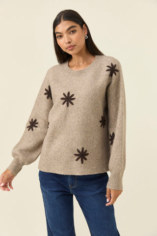 Miru Stitch Flower Jumper - Stone