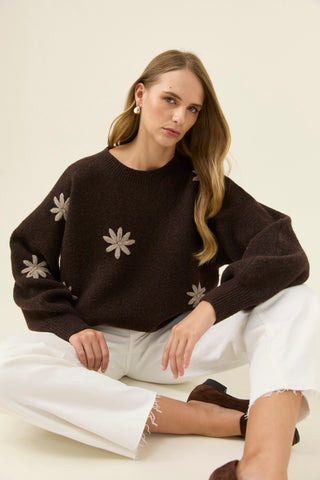 Miru Stitch Flower Jumper - Chocolate