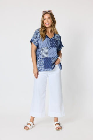 Threadz Costa Mesa Print Top Navy Multi, Close up V-neckline detail | AAAG