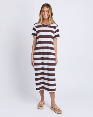 Foxwood Tallow Dress Coffee/White Stripe, Front view | AAAG