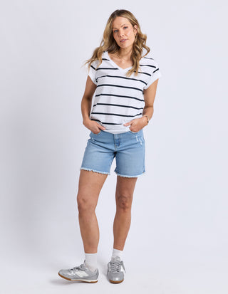 Foxwood Manly Stripe Vee Neck Tee White Stripe, Side view | AAAG