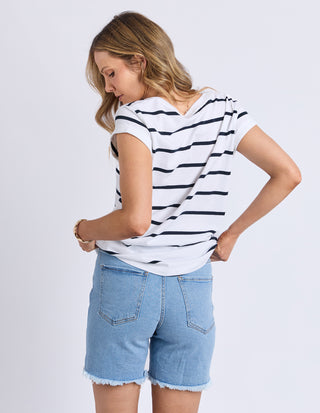 Foxwood Manly Stripe Vee Neck Tee White Stripe, Back view | AAAG