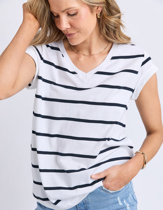 Foxwood Manly Stripe Vee Neck Tee White Stripe, Detail | AAAG