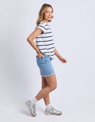 Foxwood Manly Stripe Vee Neck Tee White Stripe, Full length | AAAG