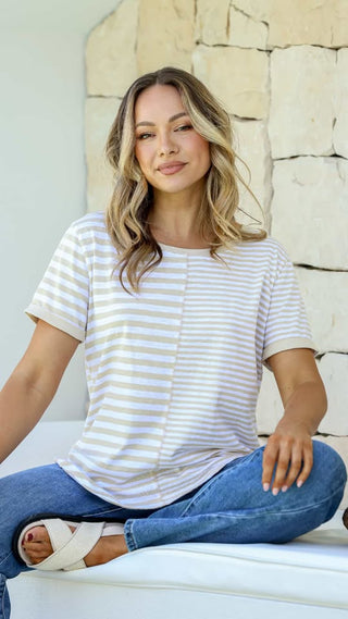 Joop & Gypsy Random Stripe Tee Tan/White, Front view | AAAG