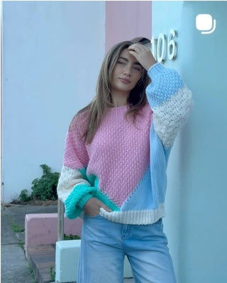 Penelope Spliced Block Colour Knit - Pink/Green/Blue