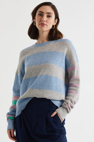 Lambswool Striped Crew - Sky