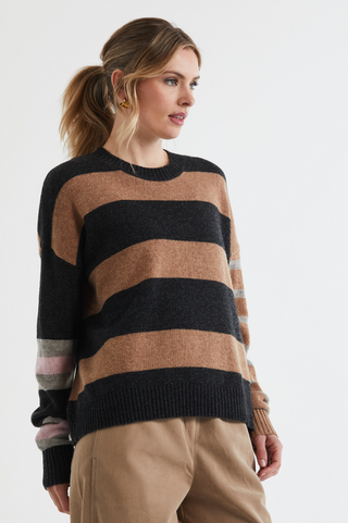 Lambswool Striped Crew - Midnight