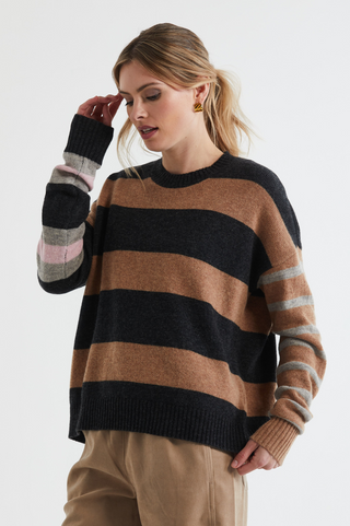 Lambswool Striped Crew - Midnight