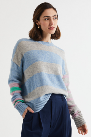 Lambswool Striped Crew - Sky