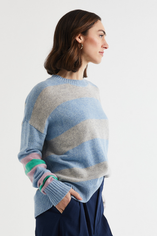 Lambswool Striped Crew - Sky