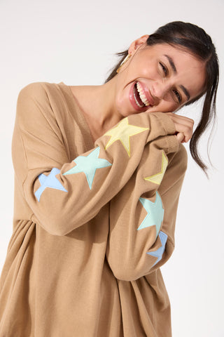 Vermont Star V Neck Jumper - Tan
