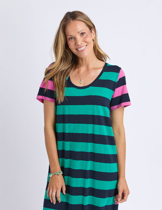 Elm Mercury Stripe Dress Irish Green Pink Stripe Full length front | AAAG