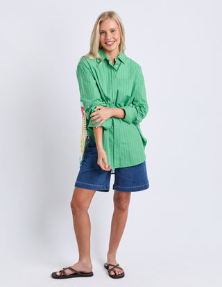 Elm Tropical Muse Shirt Green Briar Stripe, Styled front | AAAG