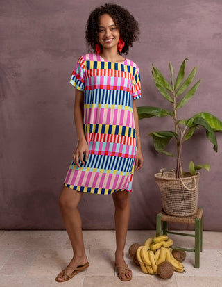 Elm Rio Rumba Dress Magenta Print, Styled front | AAAG