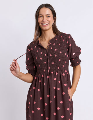 Elm Willa Spot Dress Chocolate, Full length front | AAAG
