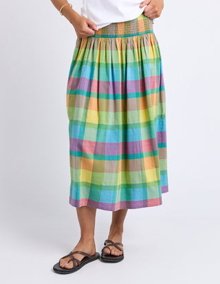 Elm Colour Rush Skirt Multi, Front view showing multi-colour check print | AAAG