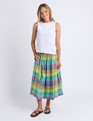 Elm Colour Rush Skirt Multi, Full length styled with white tank top and sandals | AAAG