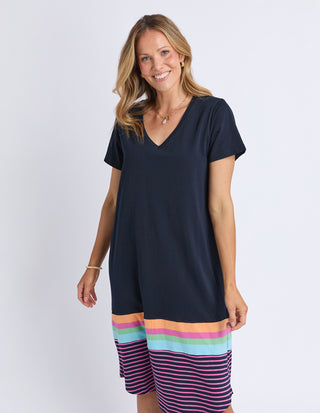 Elm Cosmos Dress Navy Pink Stripe Full length front | AAAG