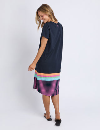 Elm Cosmos Dress Navy Pink Stripe Side profile | AAAG