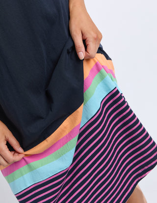 Elm Cosmos Dress Navy Pink Stripe Styled angle | AAAG
