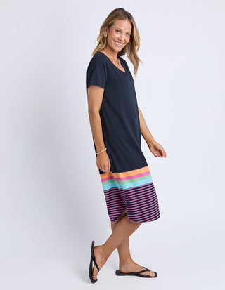 Elm Cosmos Dress Navy Pink Stripe Fabric detail | AAAG