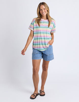 Elm Affogato Tee Multi Stripe, Full length styled with denim shorts and sandals | AAAG