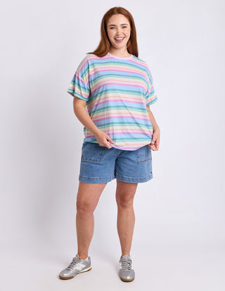 Elm Affogato Tee Multi Stripe, Curve fit full length styled with denim shorts and sneakers | AAAG