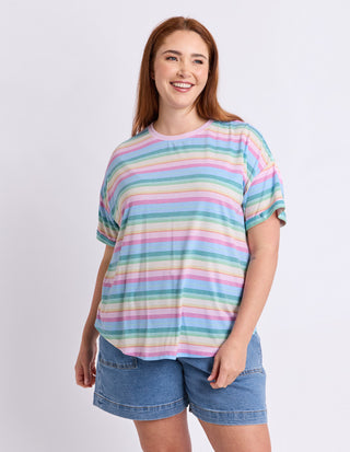 Elm Affogato Tee Multi Stripe, Curve fit front three-quarter view | AAAG