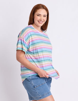 Elm Affogato Tee Multi Stripe, Curve fit side profile view | AAAG