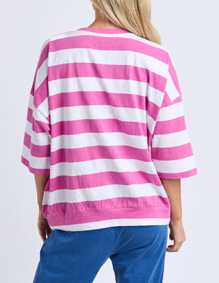 Elm Mazie Block Stripe Sweatshirt Magenta White, Styled front | AAAG