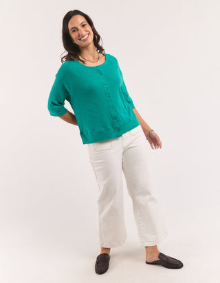 Elm Yvette Short Sleeve Cardigan Irish Green Button and rib detail | AAAG