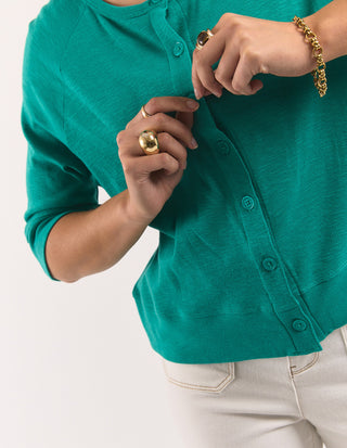 Elm Yvette Short Sleeve Cardigan Irish Green Styled over long sleeve | AAAG