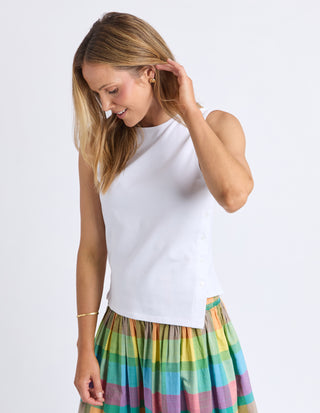 Elm Leyla Tank White, Front three-quarter view showing asymmetrical hemline | AAAG