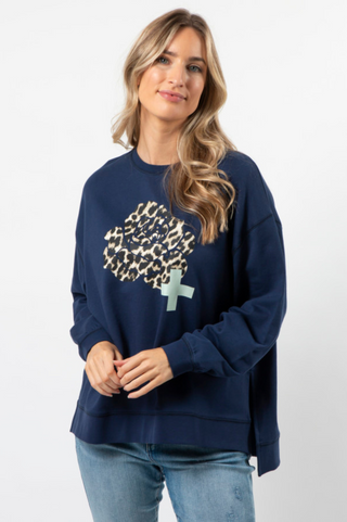 Sunday Sweater - Navy With Leopard Rose