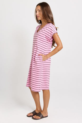 Zena T-Shirt Dress - Pink/Chocolate Stripe