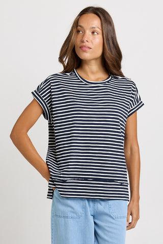 Betty Basics Shirley Short Sleeve Tee Navy Stripe, Front view | AAAG