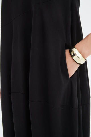 Elbow Length Sleeve Diagonal Seam Dress - Black