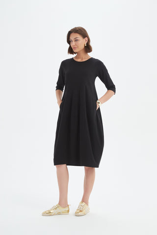 Elbow Length Sleeve Diagonal Seam Dress - Black